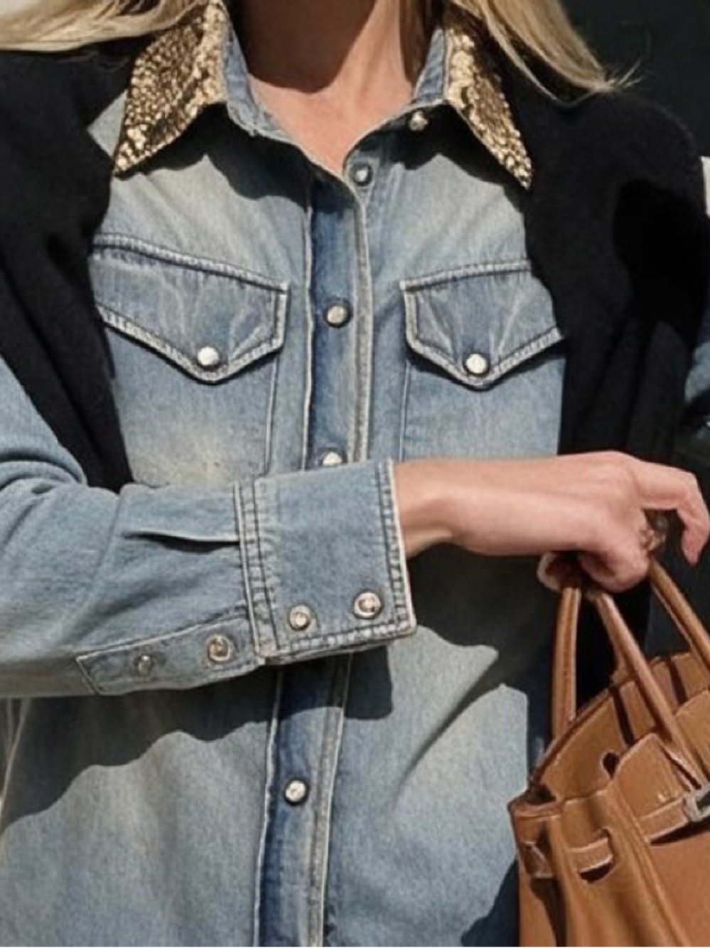 R13 Denim Western Shirt with Snakeskin Collar